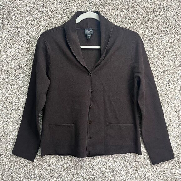 Eileen Fisher Cardigan Sweater Women’s M Brown Button Front Shawl Collar Knit - Picture 1 of 4